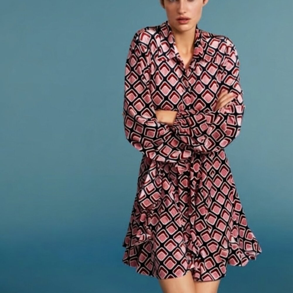 Zara NWOT Women's Size XS Pink Geo Print Velvet Belted Mini Shirt Dress